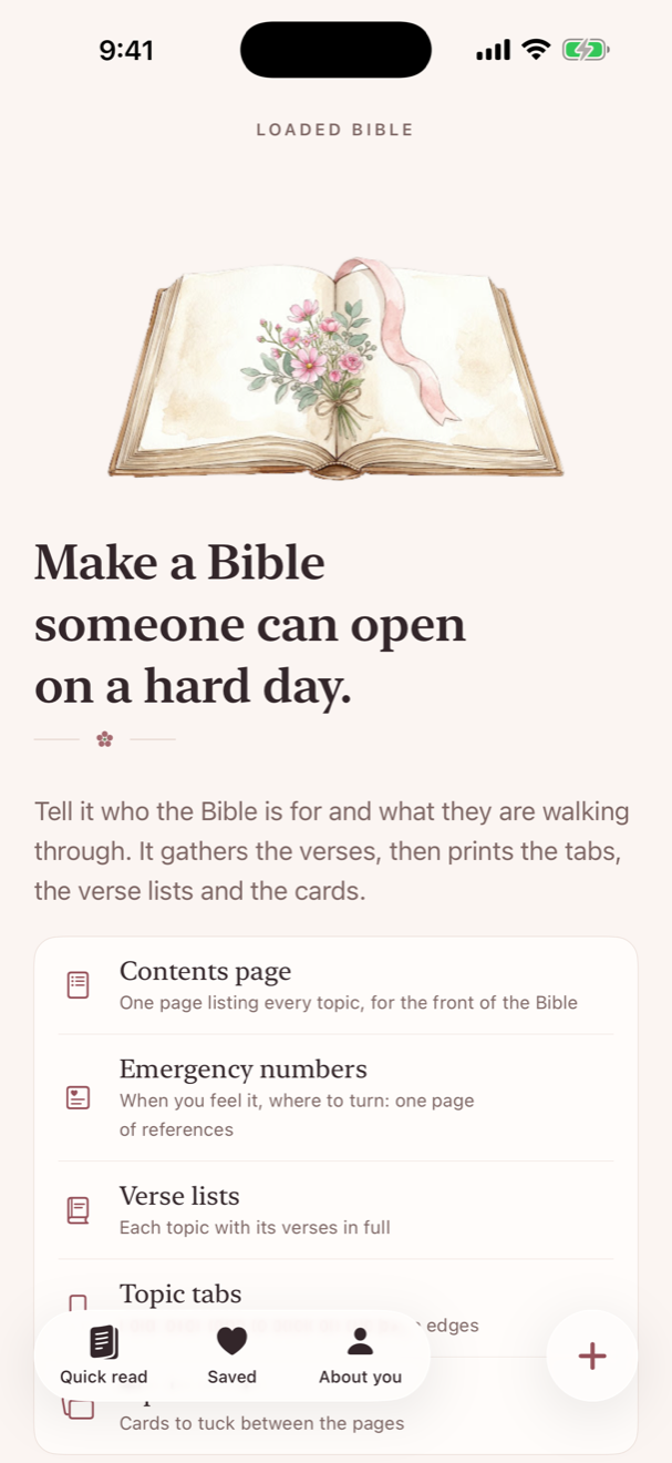 The Loaded Bible home screen listing the kits you have made