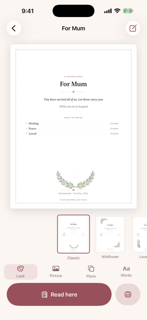 A single kit open, showing its topics and the verses gathered under each
