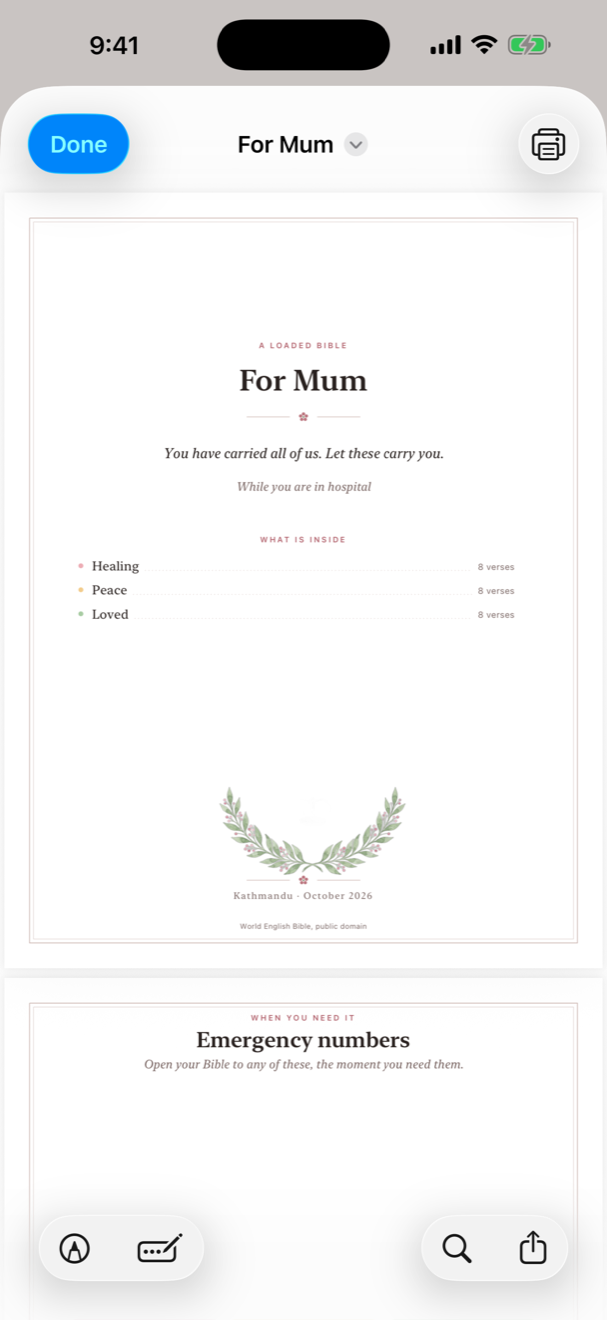A print preview reading "For Mum", with the line "You have carried all of us. Let these carry you.", a contents list of Healing, Peace and Loved, and a printed botanical wreath