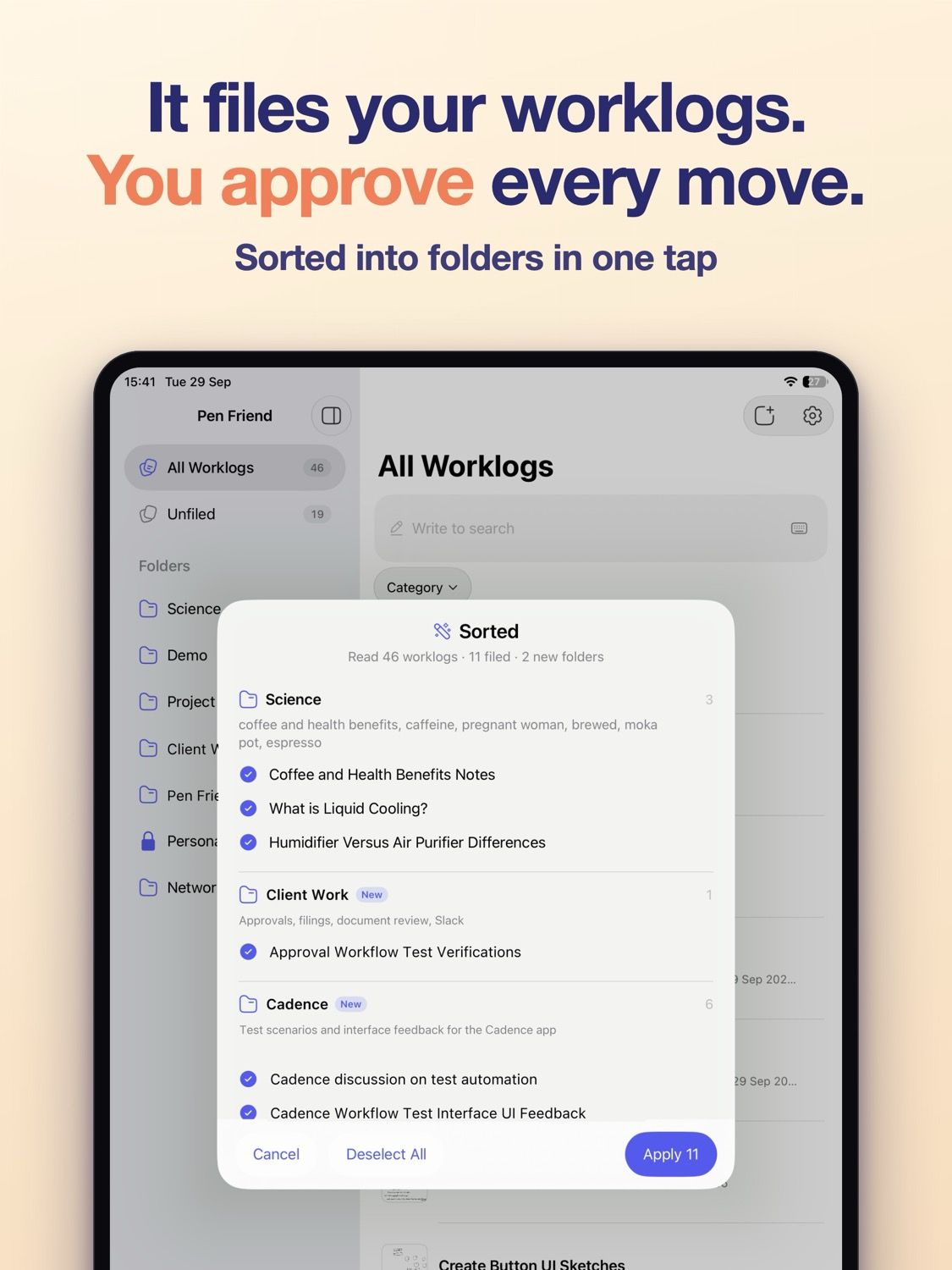 App Store card reading "It files your worklogs, you approve every move", over a folder sorting screen