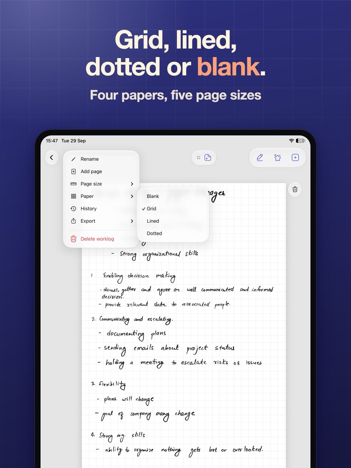 App Store card reading "Grid, lined, dotted or blank", over the paper picker