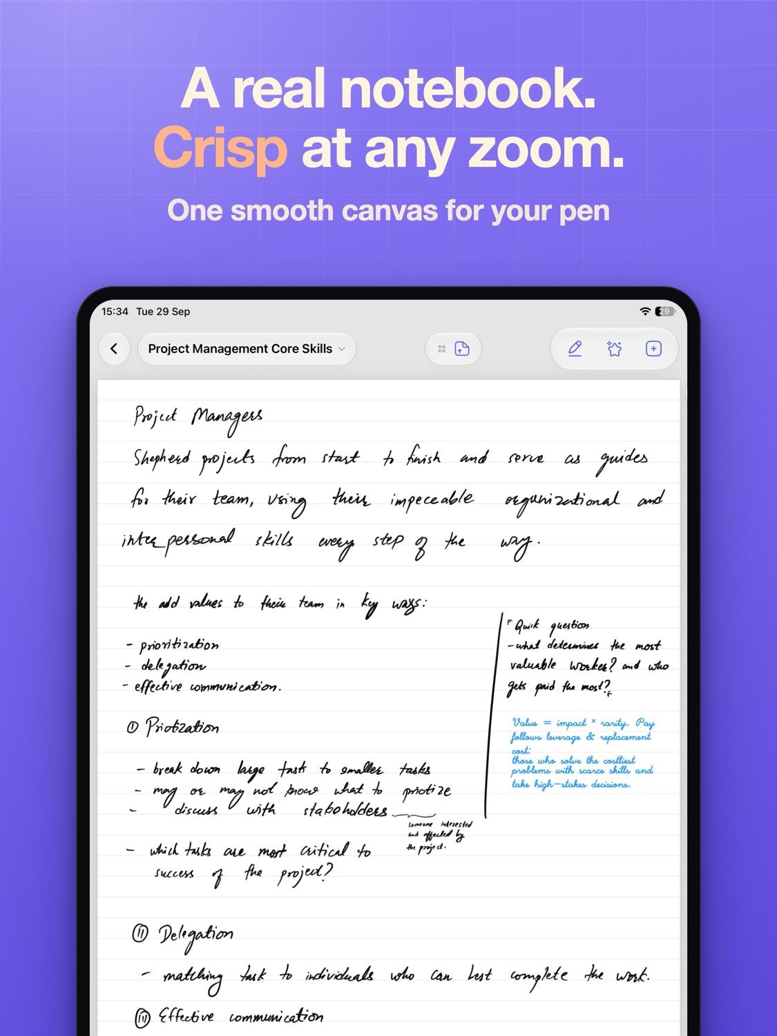 App Store card reading "A real notebook, crisp at any zoom", over a full page of handwriting