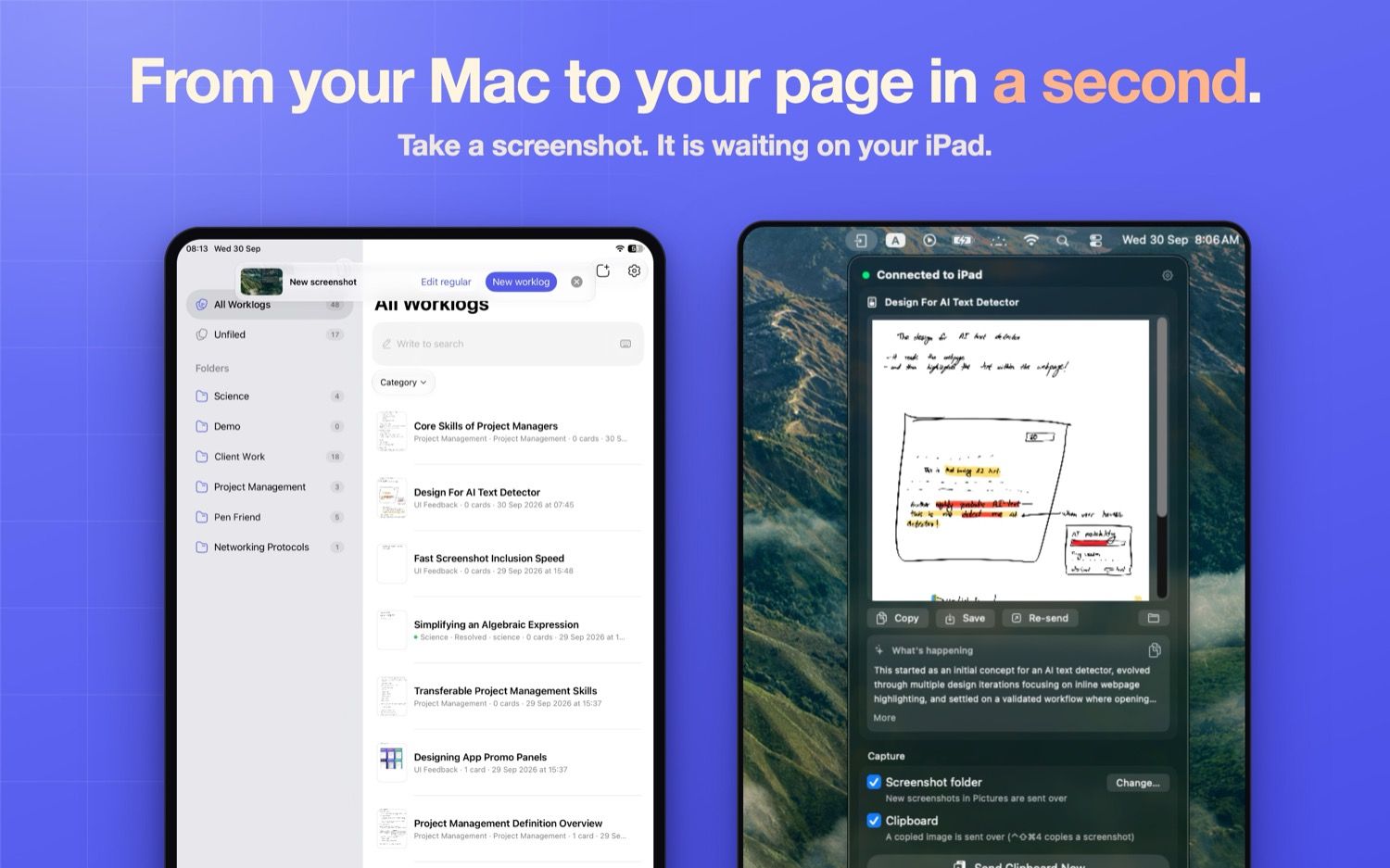 App Store card reading "From your Mac to your page in a second", showing a Mac screenshot arriving on the iPad